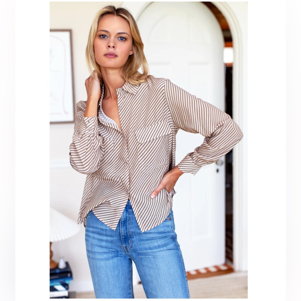 Emerson Fry Tan and White Striped Button-Down Shirt